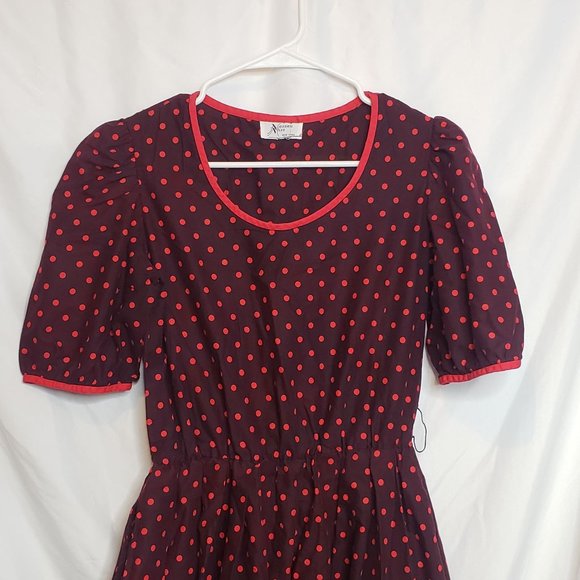 MCM Rocabilly Dress Nassau Miss New York Brown Red Dots Pockets Large Pinup - Picture 2 of 7